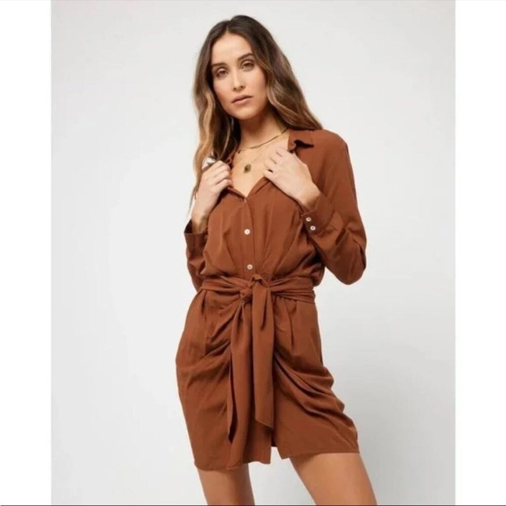 L*SPACE Aura Mini Shirt Dress Size Small Coffee Brown Button Up